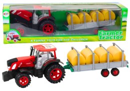 Duży Traktor Rolniczy Z Przyczepą I Balami Siana Napęd Czerwony