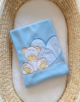Kocyk polarowy dla niemowląt - Milo- Miś z sercem niebieski