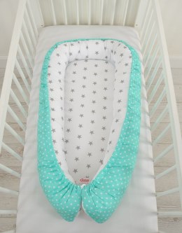 Kokon niemowlęcy dwustronny kojec otulacz Premium BOBONO- szare gwiazdki/ grochy na mięcie